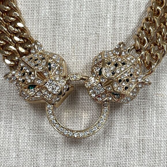 Leopard Jaquar Cat Gold-tone Green Clear Rhinestones Necklace & Earrings NWOT - Picture 2 of 6